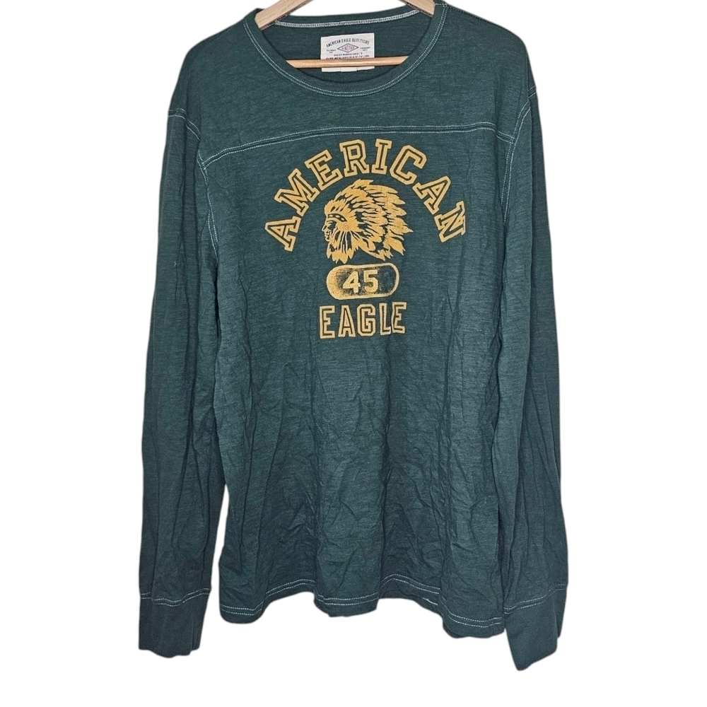 American Eagle Long Sleeved Green Indian Graphic Shirt Size Large